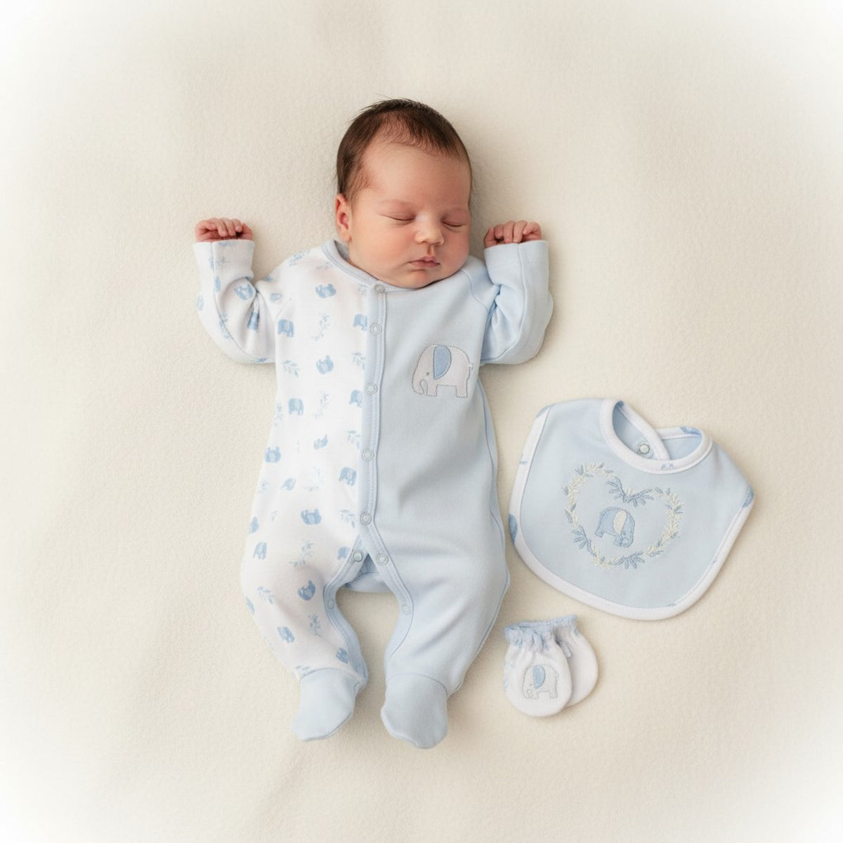Tiny Chick Premature Baby Elephant 4-Piece Set – White/Sky”